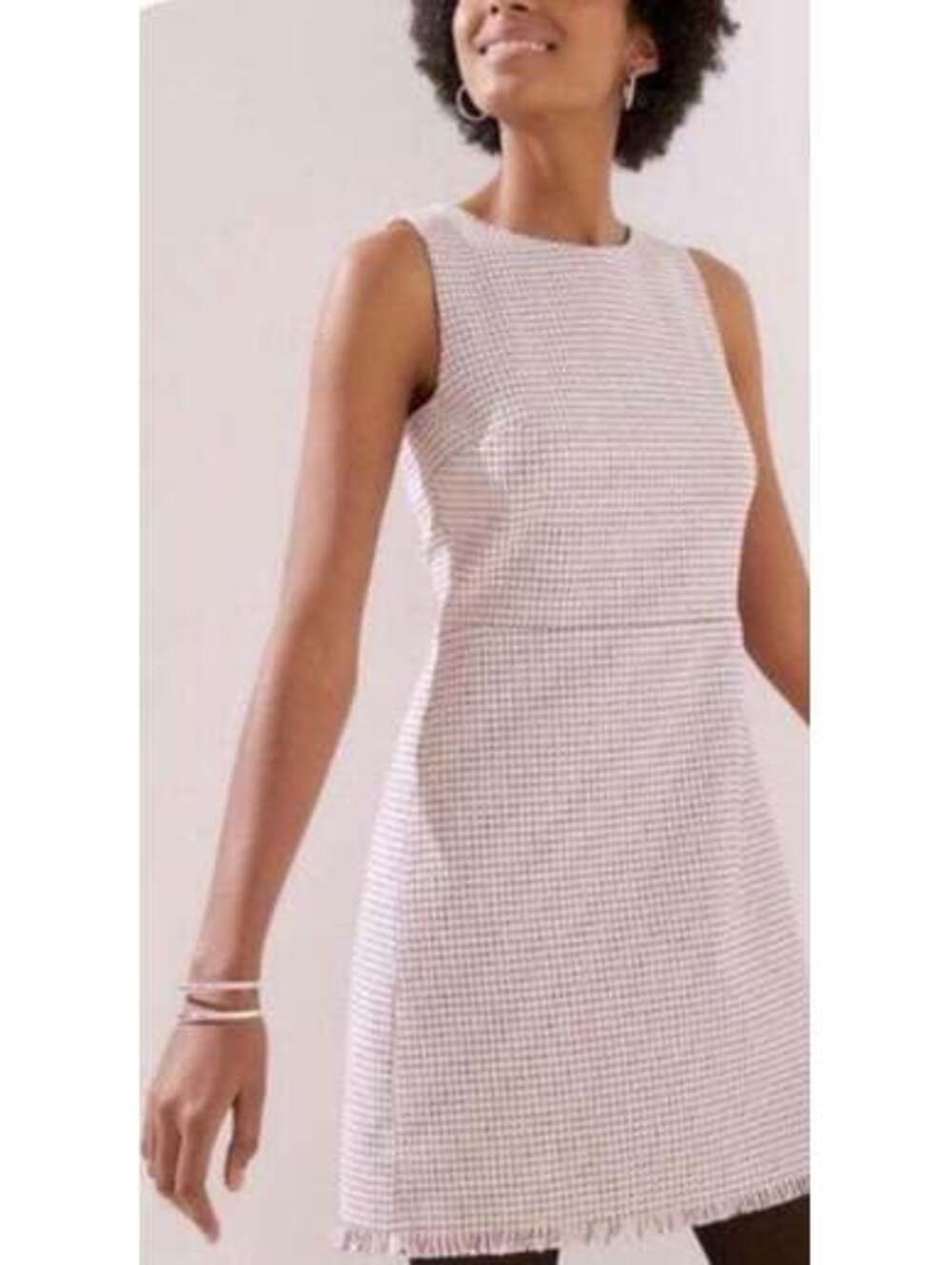 Ann Taylor Loft Sleeveless pink black tweed dress fringe hem, size 2P Petite